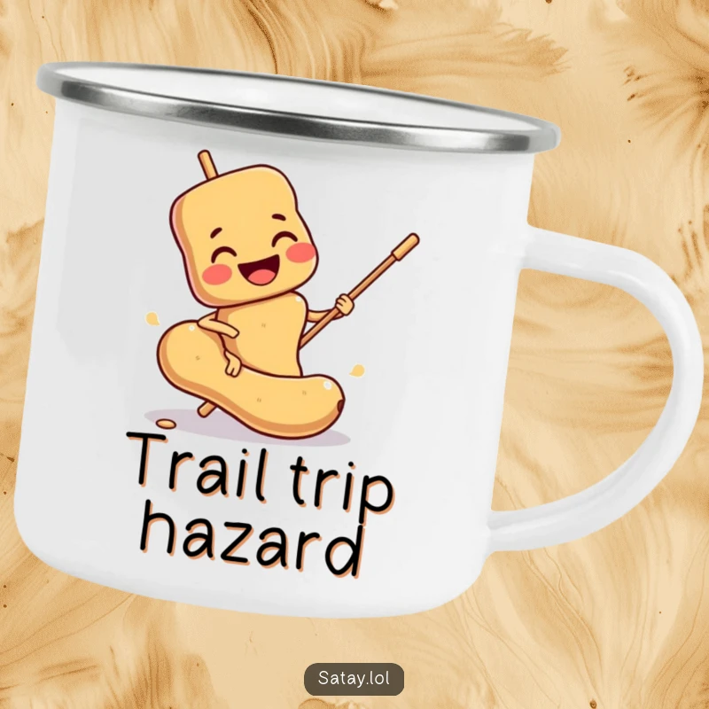 Funny Satay Skewer Camping Mug: A smiling skewer comically slips on a peanut, perfect for funny outdoor sipping.
