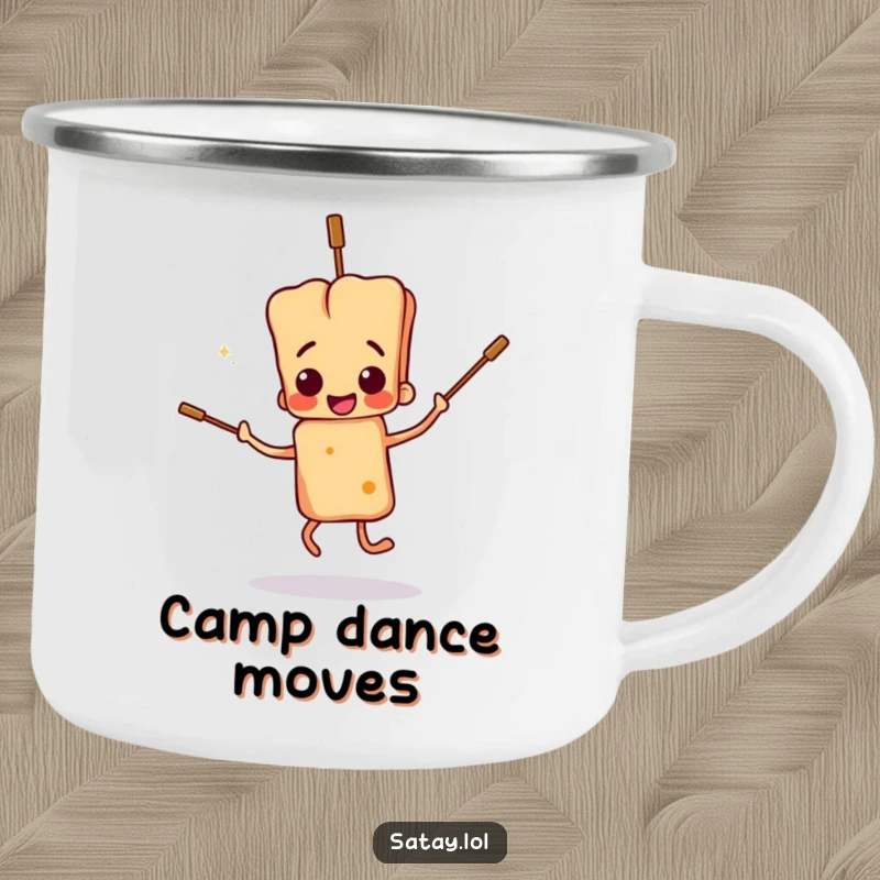 Funny satay skewer character camping mug, doing a clumsy dance with floppy skewers, ideal for outdoor adventures and humor.