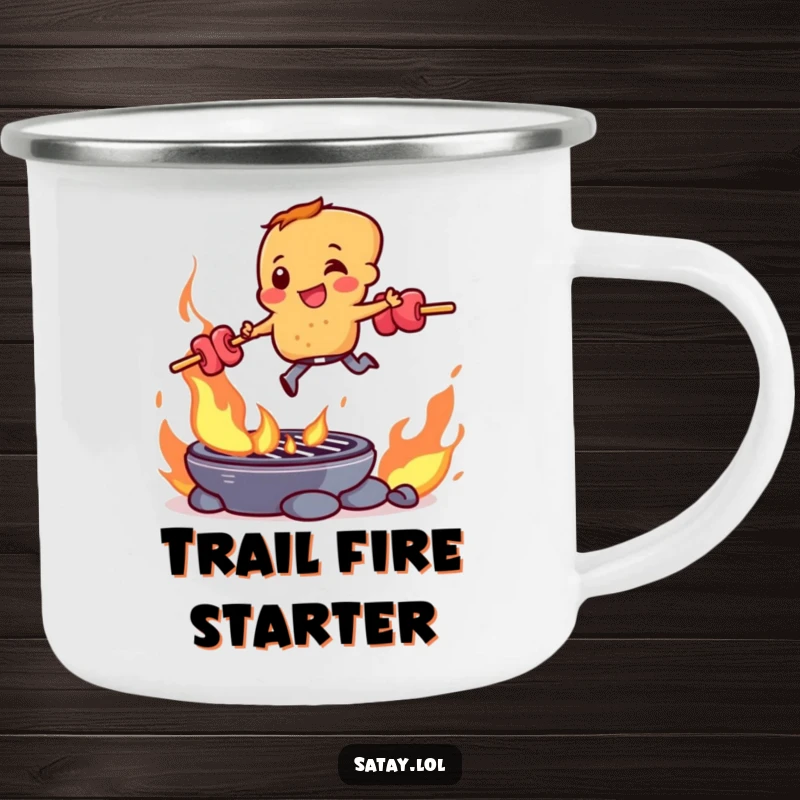 Funny satay skewer character leaping over a fiery grill, designed for durability and humor on a camping mug.