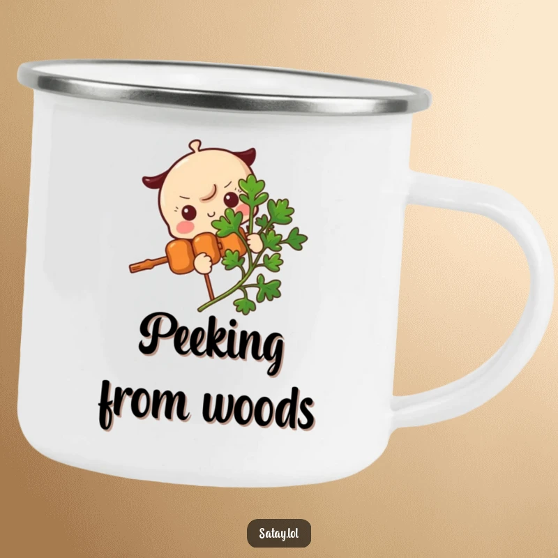 Funny Satay Skewer Camping Mug showing a skewer character peeking from behind a parsley sprig, perfect for discreet sips and humorous adventures.