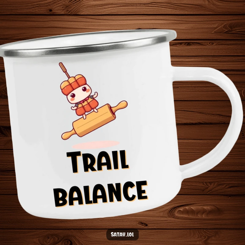 Funny satay skewer character wobbling precariously on a rolling pin on a sturdy camping mug.