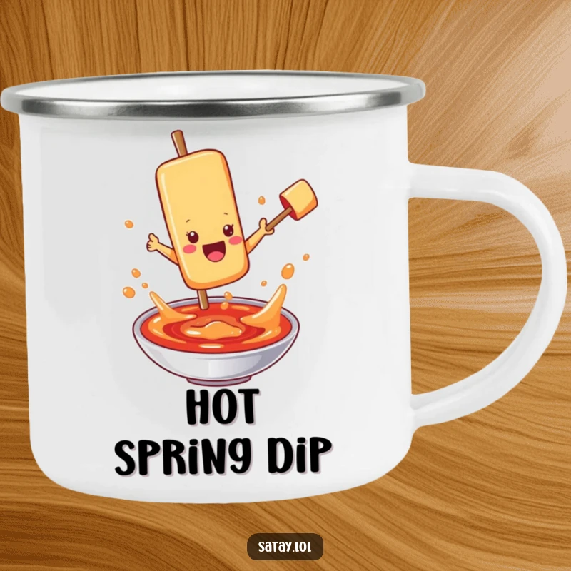 Funny satay skewer character camping mug, jumping into bubbling sauce, ideal for outdoor adventures and sauce-themed humor.