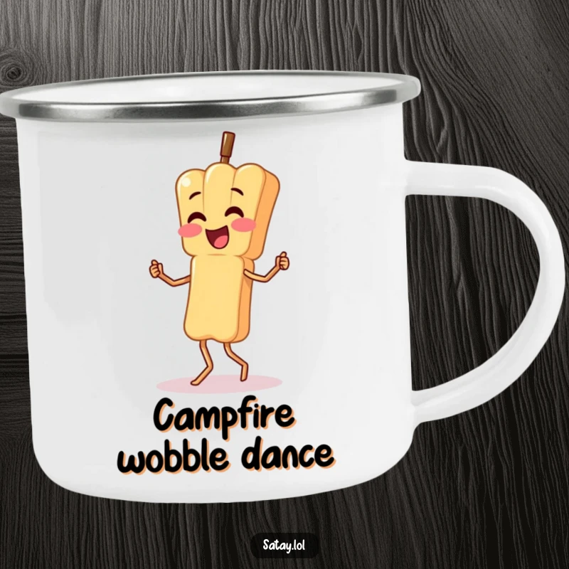 Funny camping mug featuring a satay skewer character doing a silly, wobbly dance; perfect for outdoor party vibes.