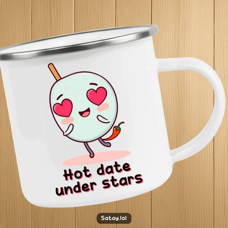 Funny satay skewer character camping mug with heart eyes, pursued by a tiny chili pepper, ideal for outdoor adventures and humor.