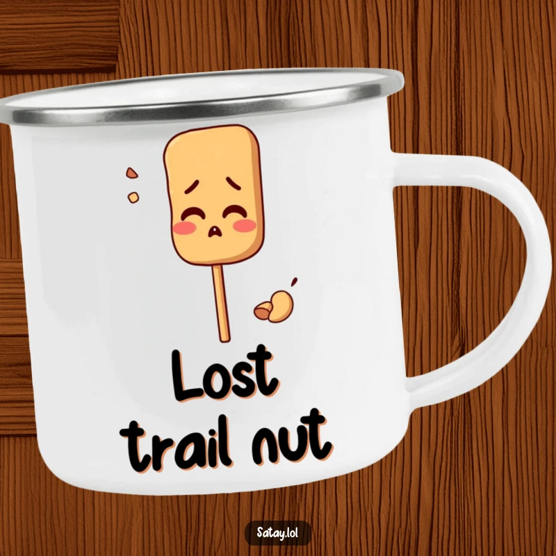Funny camping mug featuring a satay skewer character looking comically confused by a misplaced peanut; perfect for outdoor contemplation.