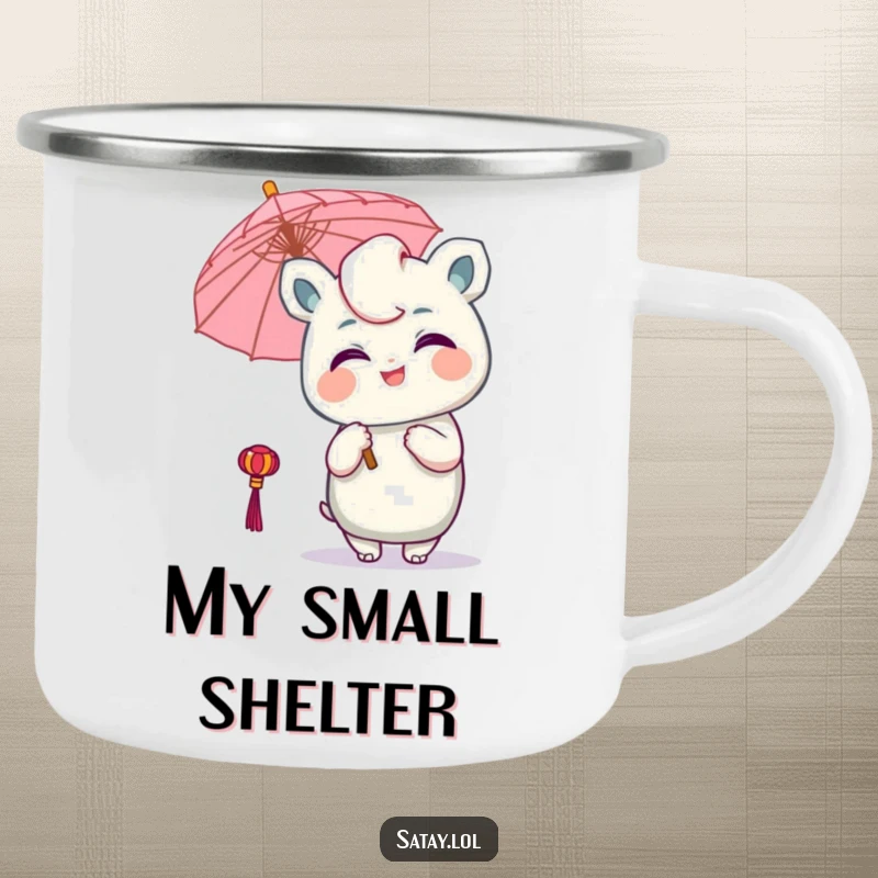 Funny Satay Character Camping Mug: A delighted satay winks while holding a tiny umbrella, perfect for enjoying drinks outdoors humorously.