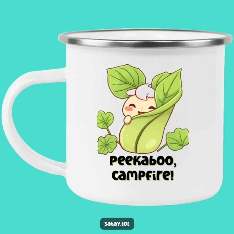 Funny Satay Camping Mug: Garnish Peek Grin Character, Humorous Outdoor Foodie Gift