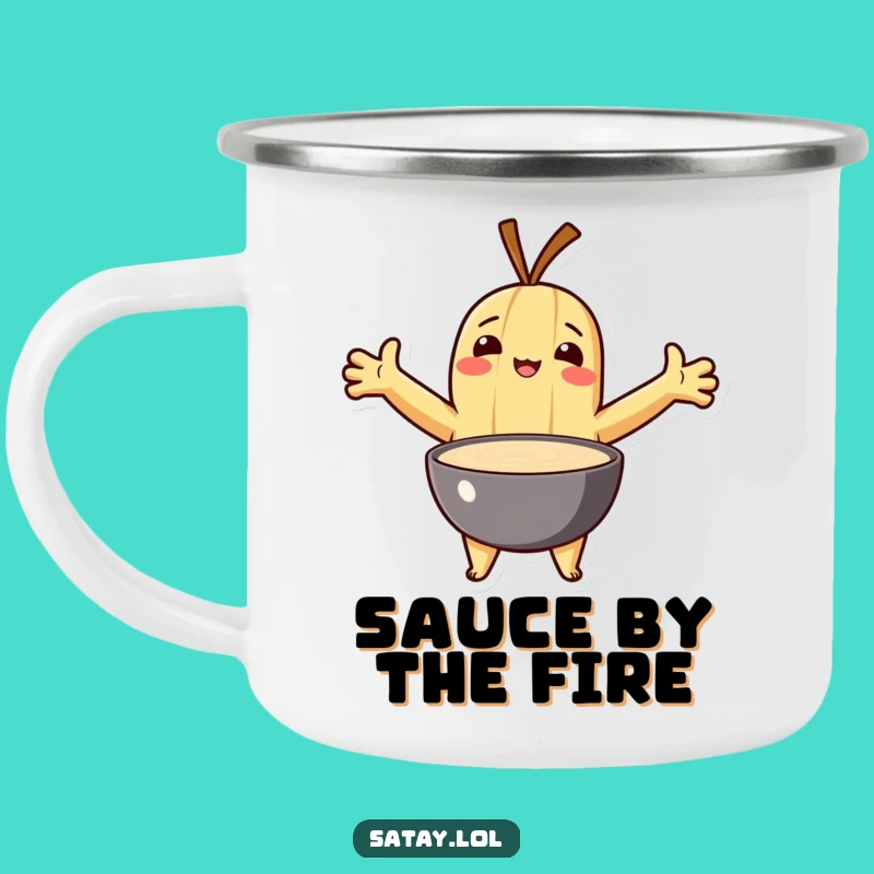 Funny Satay Camping Mug: Sauce Embrace Character, Humorous Outdoor Condiment Gift