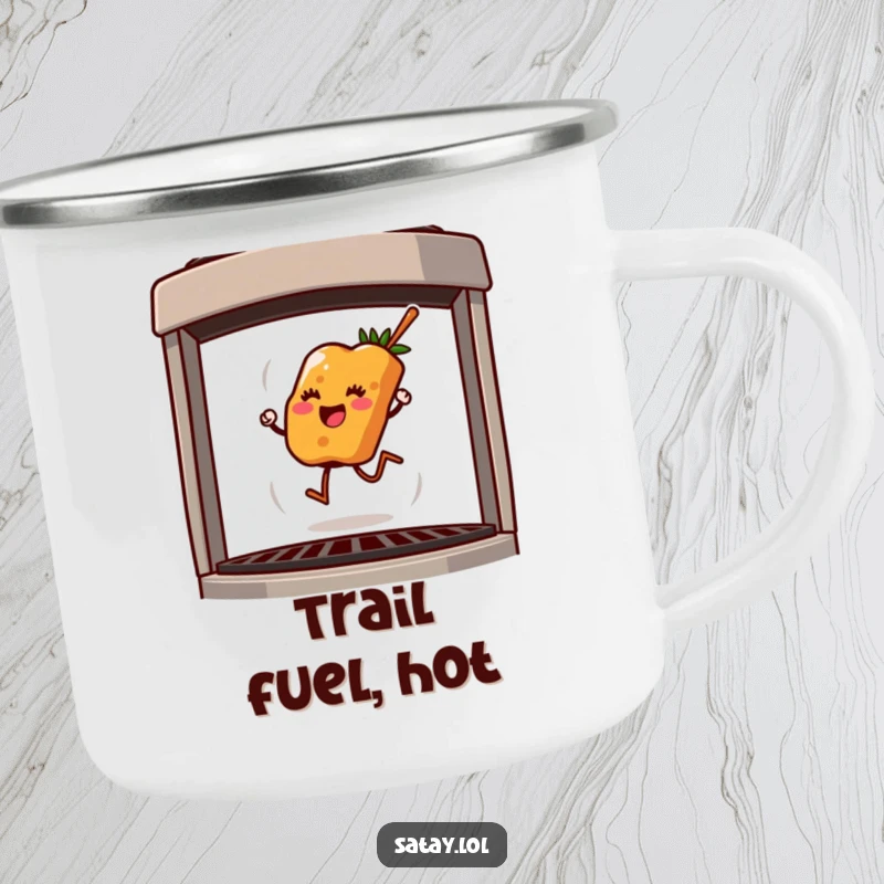 Funny camping mug with a fun satay skewer hopping on a grill, perfect for outdoor adventures and laughs.