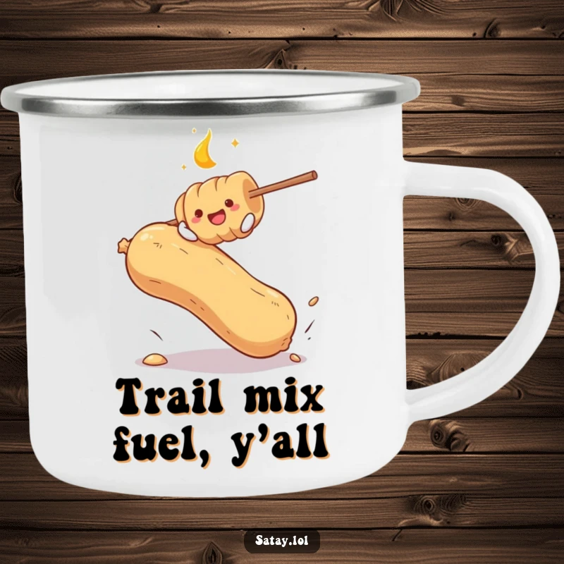 Funny camping mug showing a satay skewer bouncing on a huge peanut, a humorous and sturdy mug for outdoor adventures.