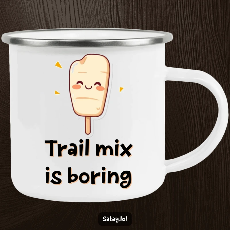 Funny camping mug showing a happy, wiggling satay skewer with a grin, ready for the outdoors.