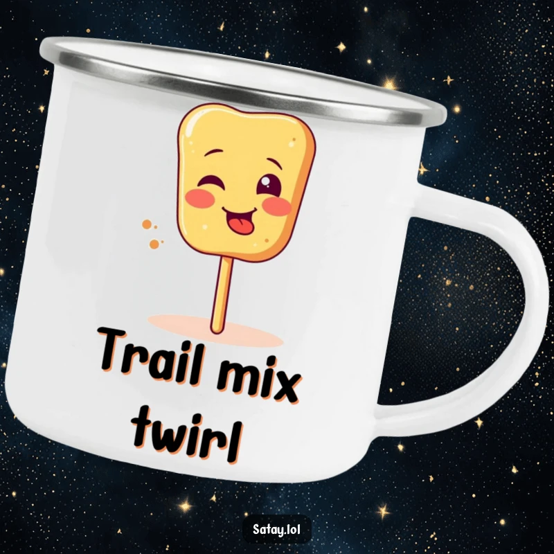 Funny satay skewer camping mug, featuring a silly face and tongue sticking out while spinning, durable and humorous.
