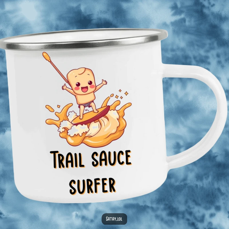 Funny satay skewer character surfing a luscious peanut sauce wave, designed for durability and humor on a camping mug.