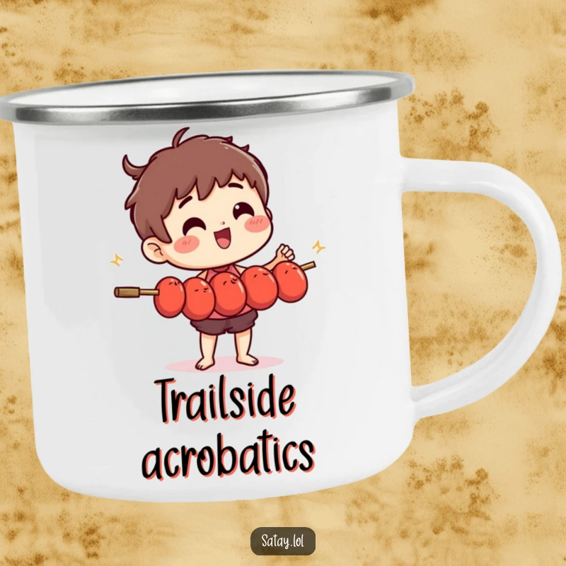 Funny satay skewer character performing a juggling act with tiny, wiggling meatballs on a rustic camping mug.