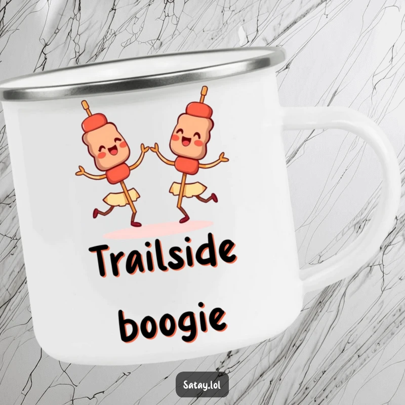 Funny camping mug with happy satay skewers doing a synchronized dance, perfect for outdoor dining and fun.