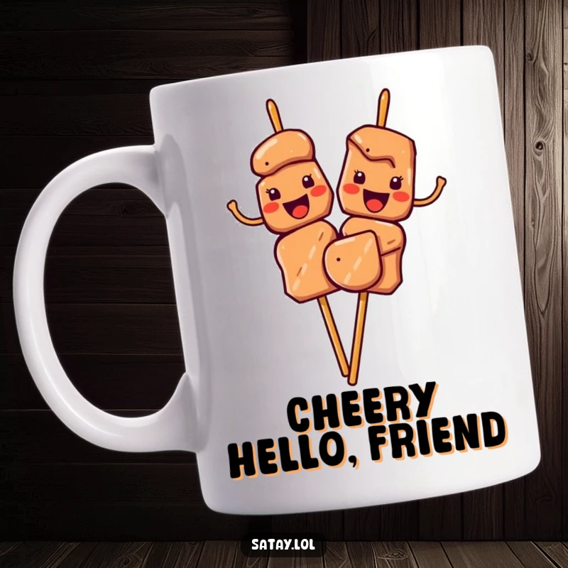 Funny Satay Skewers Mug featuring characters giving a cheerful wave with their meat pieces, symbolizing friendly food greetings.