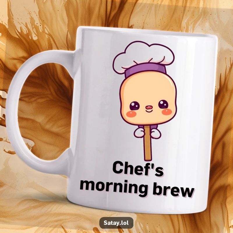 Funny proud chef satay skewer character mug, wearing a tiny chef hat with a proud smile, celebrating culinary success.