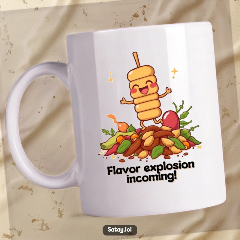 Funny giggling satay skewer joyfully hopping on a vibrant pile of aromatic spices on a coffee mug.