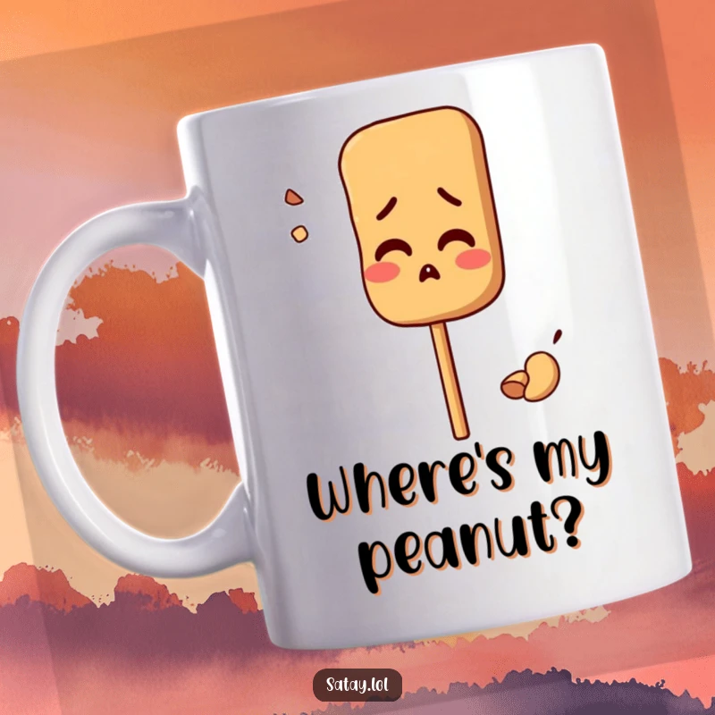 Funny mug with a comically confused satay skewer character staring at a misplaced peanut; relatable and humorous.