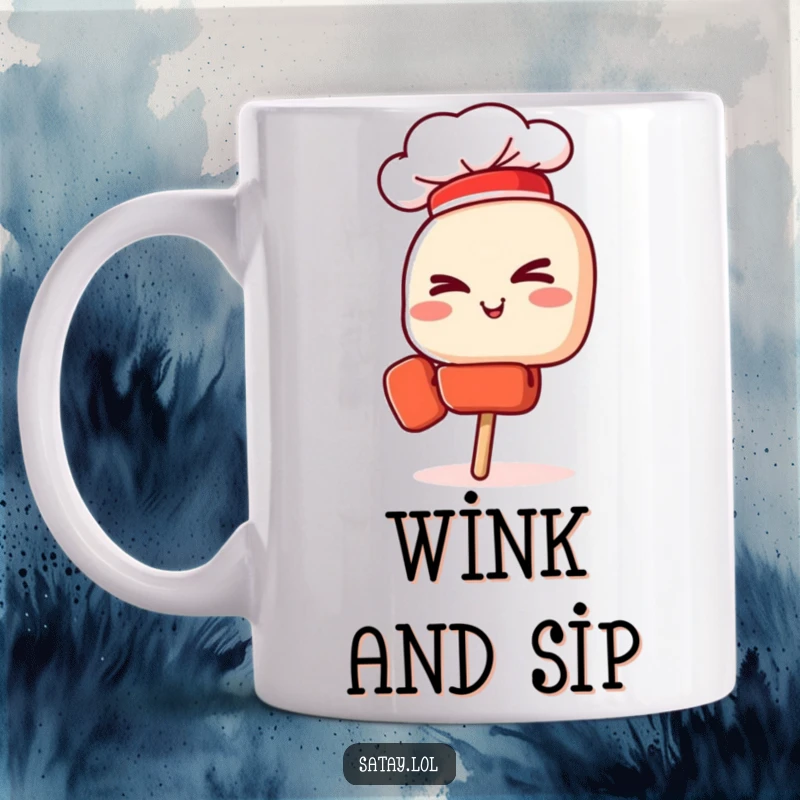 Funny mug depicting a charming satay skewer wearing a tiny chef hat and giving a confident wink.