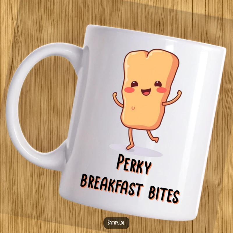 Funny mug depicting a satay skewer with tiny legs performing a joyful, energetic jig, celebrating delicious food with humor.