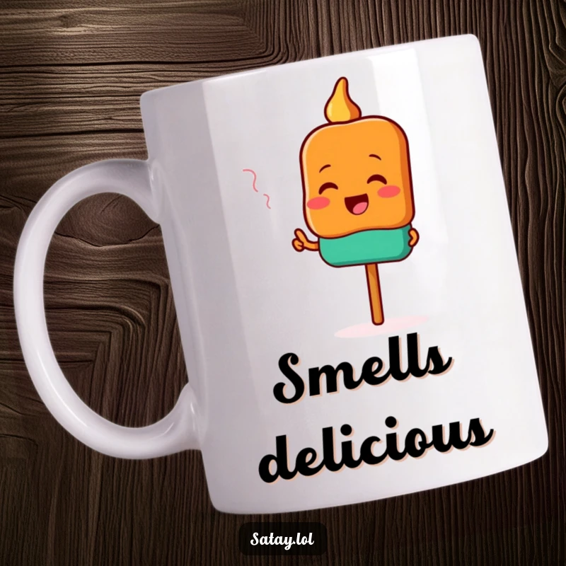Funny satay mug with a happy satay skewer character excitedly pointing forward, indicating a delicious aroma.