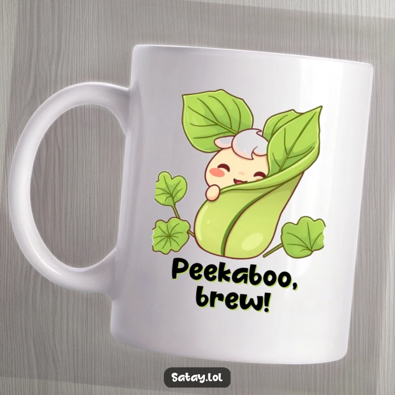 Funny mug featuring a satay character peeking from behind a leafy garnish with a wide, happy grin, ready to be enjoyed.