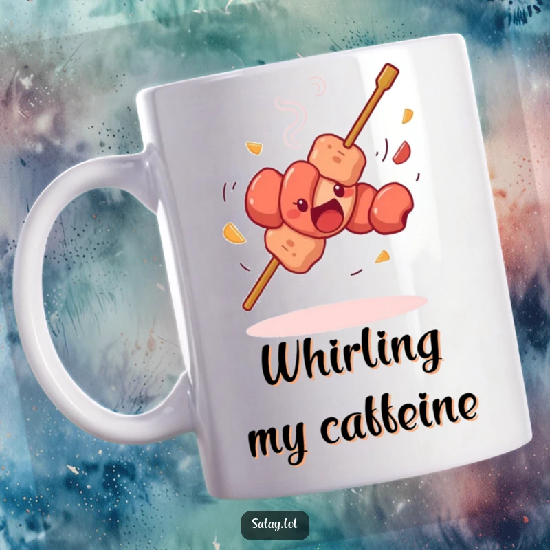 Funny satay skewer dancing mug, showing a skewer with whirling meat pieces in a silly spin, capturing playful culinary movement.