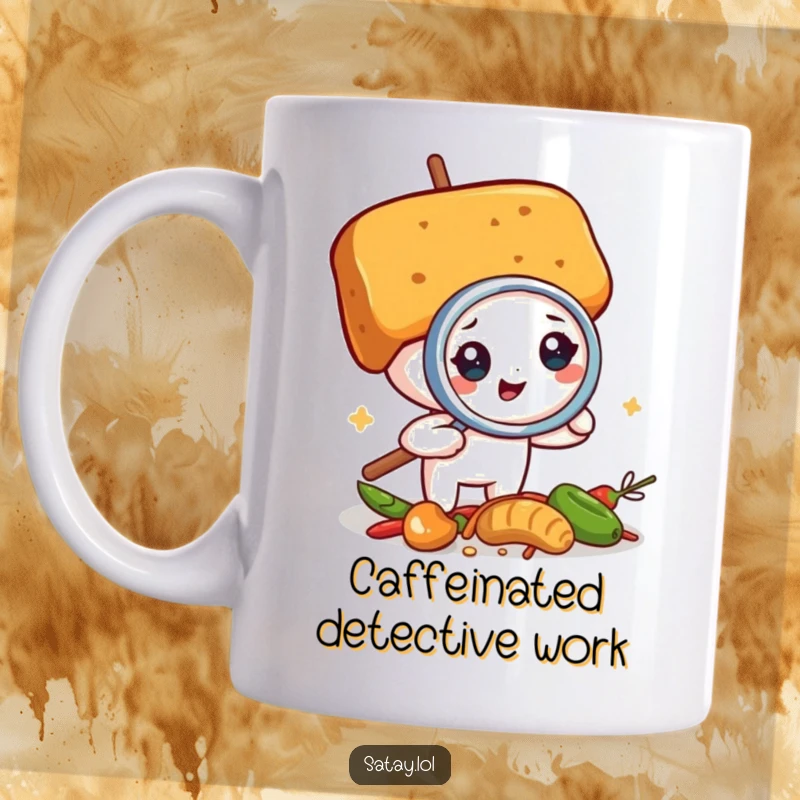 Funny satay skewer detective mug, holding a magnifying glass to inspect spices, showcasing a humorous culinary curiosity.