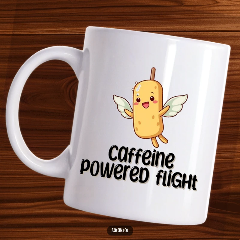 Funny mug showing a determined satay skewer attempting to fly with tiny peanut wings, embodying aspiration.