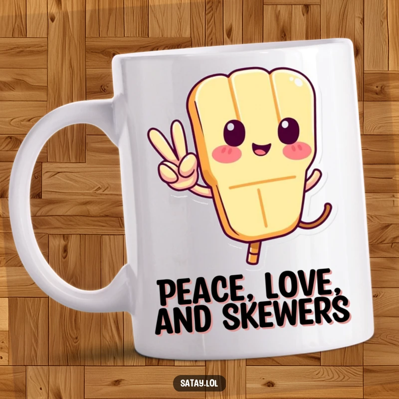 Funny Satay Skewer Mug featuring a skewer character giving a peace sign with its curly tail, looking utterly chill and happy.