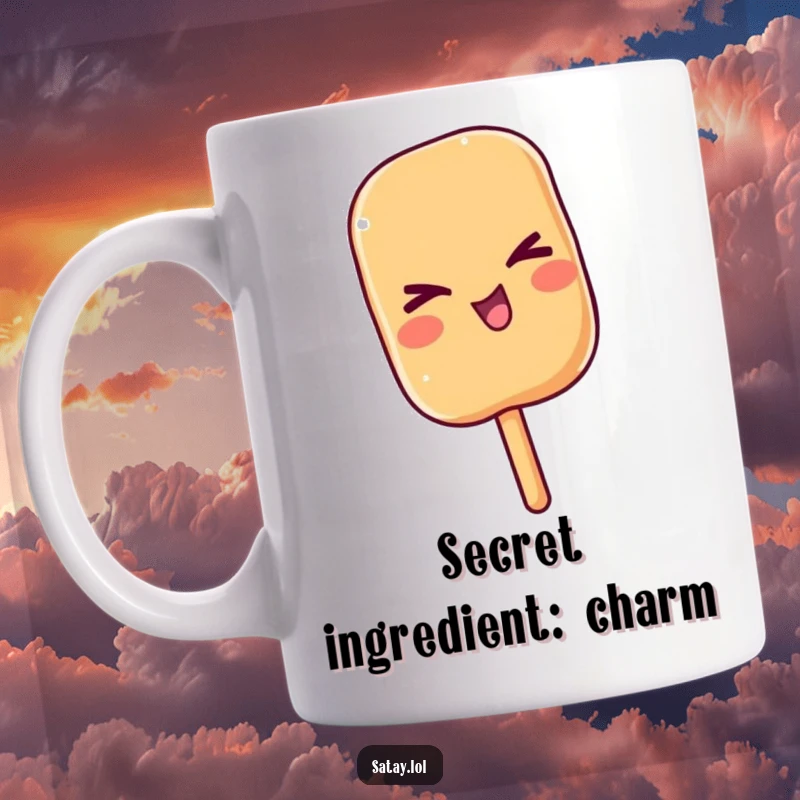 Funny satay skewer giving a charming and playful wink, conveying a sense of fun and secret knowledge on a mug.