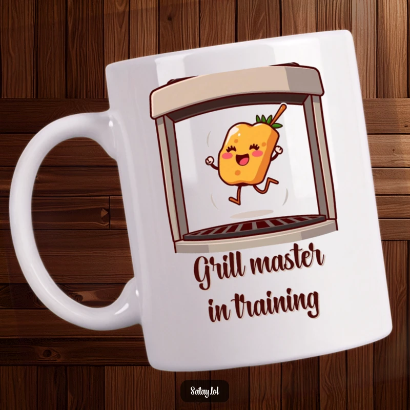 Funny mug with a cheerful satay skewer joyfully hopping across a hot grill, celebrating culinary adventures with a smile.