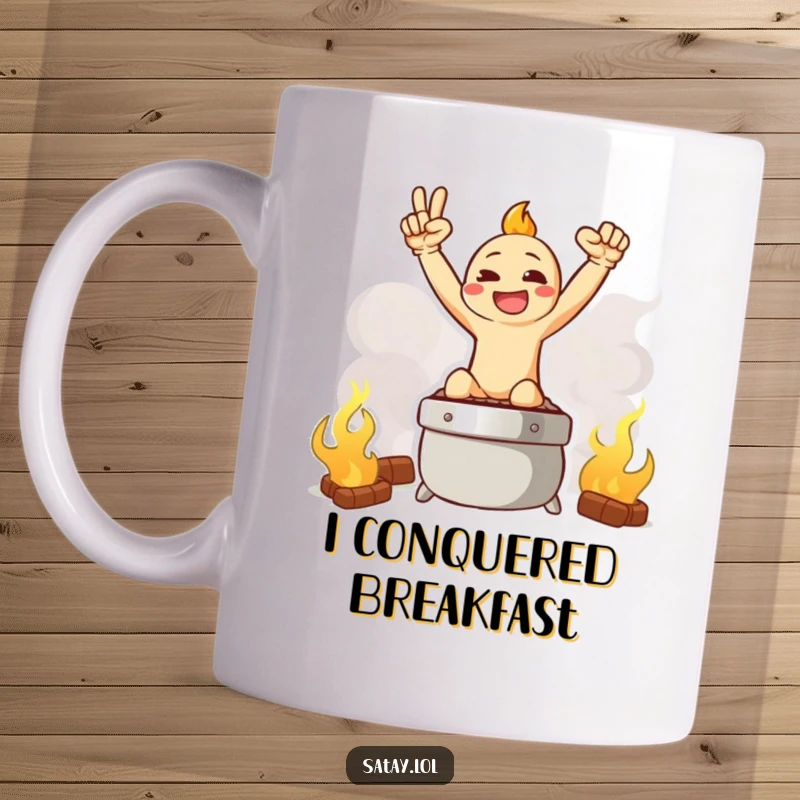 Funny mug displaying a satay character in a triumphant pose, standing proudly atop a smoky grill graphic.
