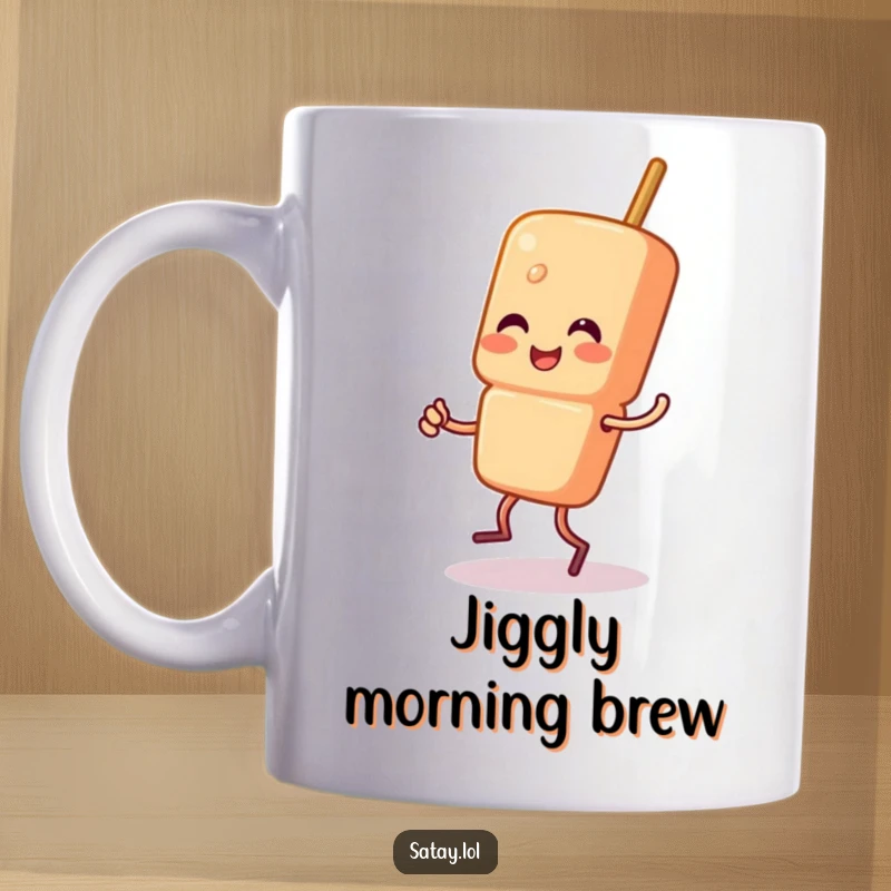 Funny Satay Skewer Mug featuring a skewer character performing a delightful, happy little jig, full of energy and festive spirit.