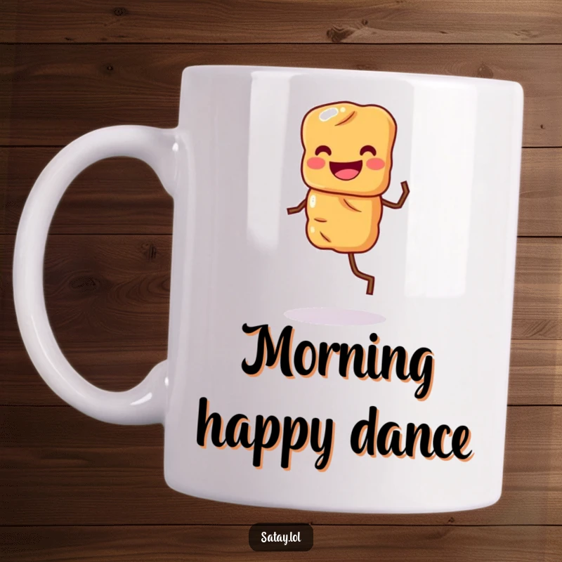 Funny mug with a grinning satay skewer character doing a happy jig, bringing food-themed joy.