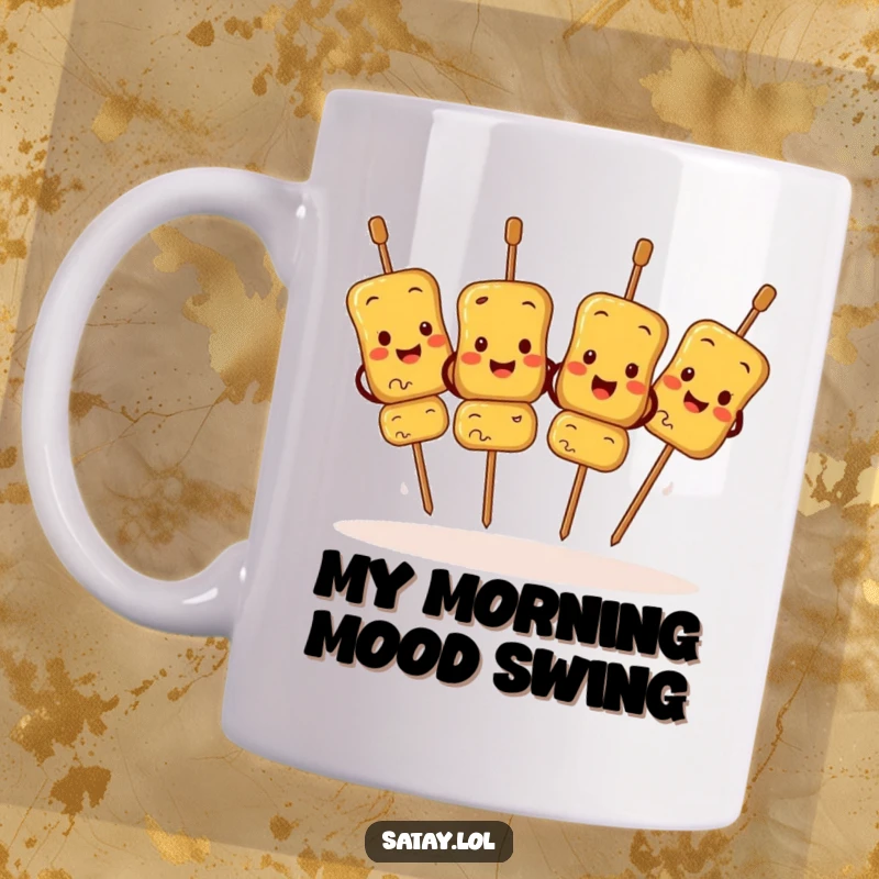 Funny Satay Skewers Mug featuring characters doing a synchronized jig with ecstatic happy faces, perfect for kitchen humor.