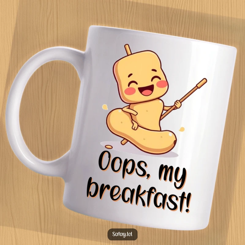 Funny Satay Skewer Mug: A smiling skewer comically slips on a peanut, a funny food-themed mishap.