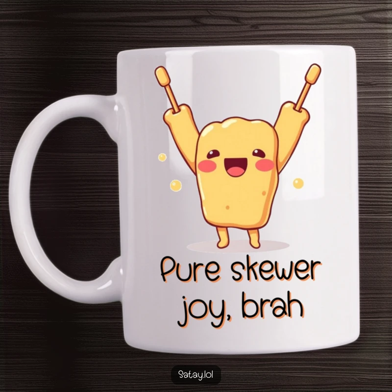 Funny mug featuring a cartoon satay skewer character throwing its arms up in absolute delight and joy, celebrating deliciousness.
