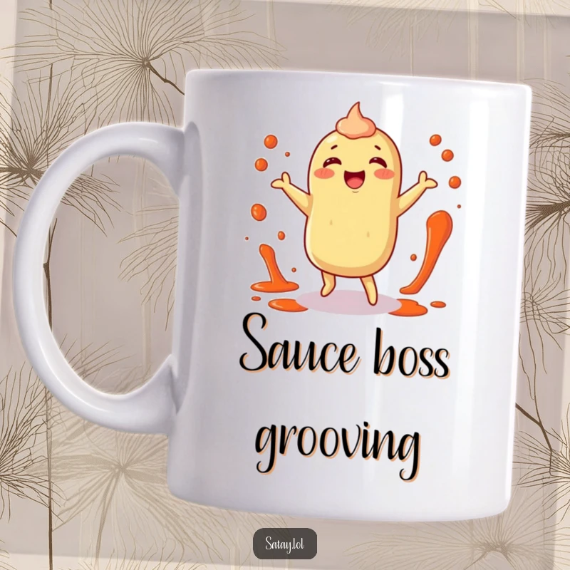 Funny satay mug showcasing a happy satay character doing a little dance with sauce splatters around, full of culinary joy.