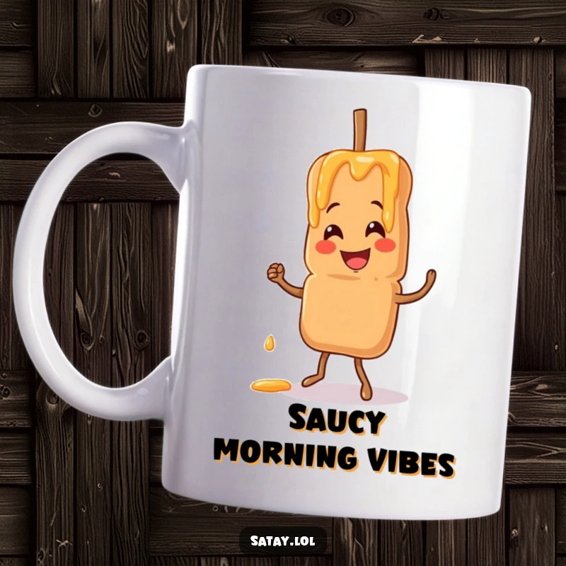 Funny satay skewer character smiling and doing a jig with peanut sauce drizzling, radiating foodie joy.