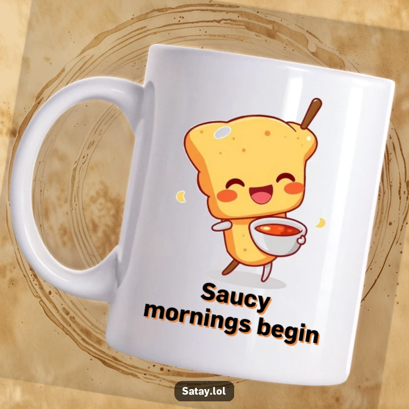 Funny mug with a happy satay skewer character wiggling joyfully and holding a sauce bowl; a delicious and funny gift.
