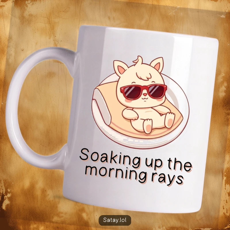 Funny Satay Mug: A cool satay character with tiny sunglasses relaxes on a plate, embodying pure, humorous bliss.