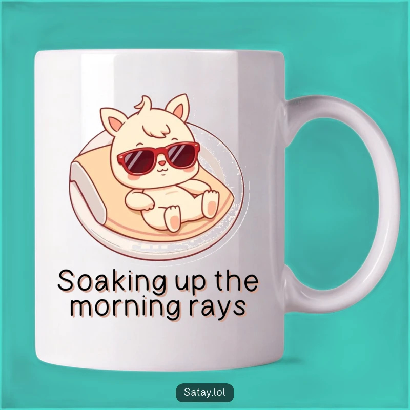 Funny Satay Lounging Mug: Tiny Sunglasses Character, Hilarious Foodie Gift for Sun Lovers!