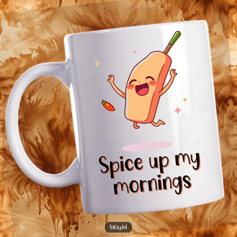 Funny satay skewer and chili pepper mug, showing the skewer jumping joyfully while the pepper waves, a humorous food celebration.
