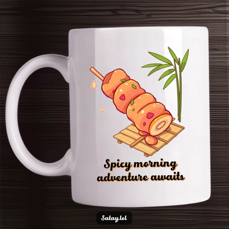 Funny satay skewer mug, hilariously rolling down a bamboo mat with gusto, capturing a moment of pure, edible fun.