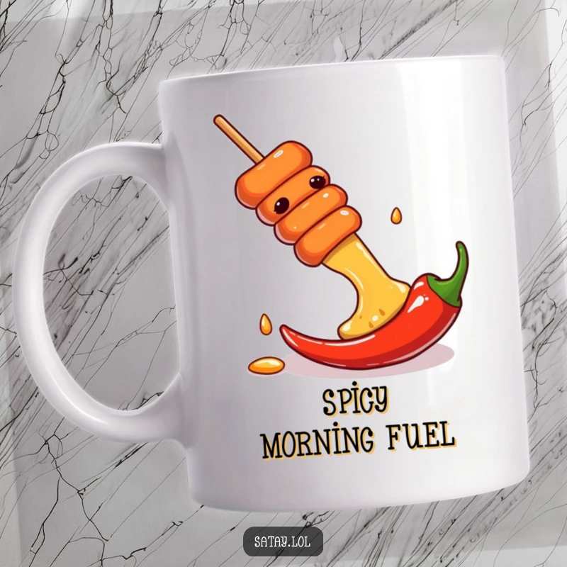 Funny mug showing a satay skewer playfully sliding down a vibrant chili pepper, representing thrilling culinary adventures.