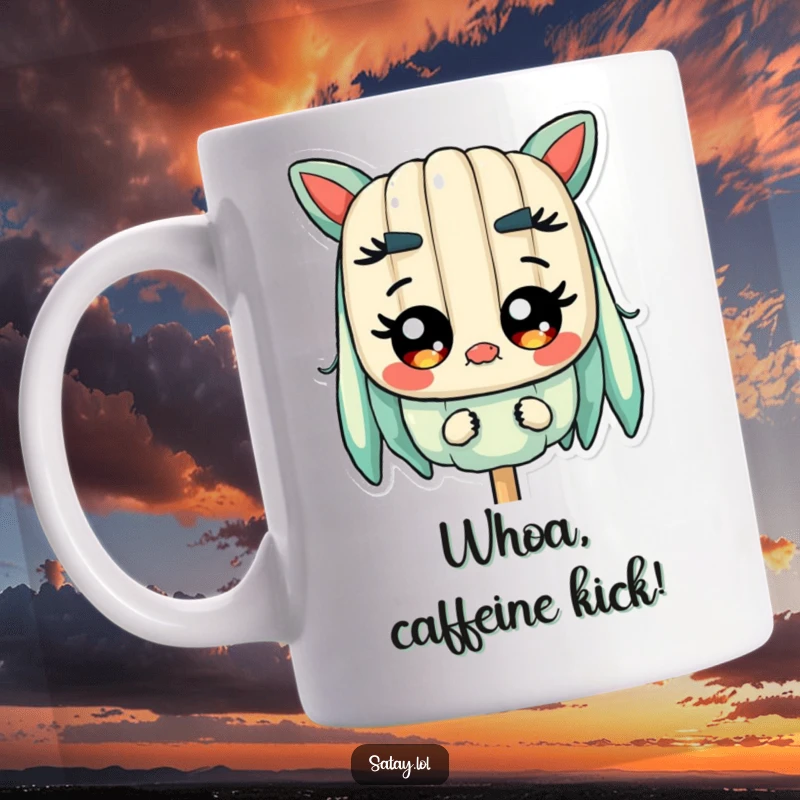 Funny Satay Skewer Mug featuring a skewer character with comically wide, shiny eyes, conveying utter surprise and delightful astonishment.