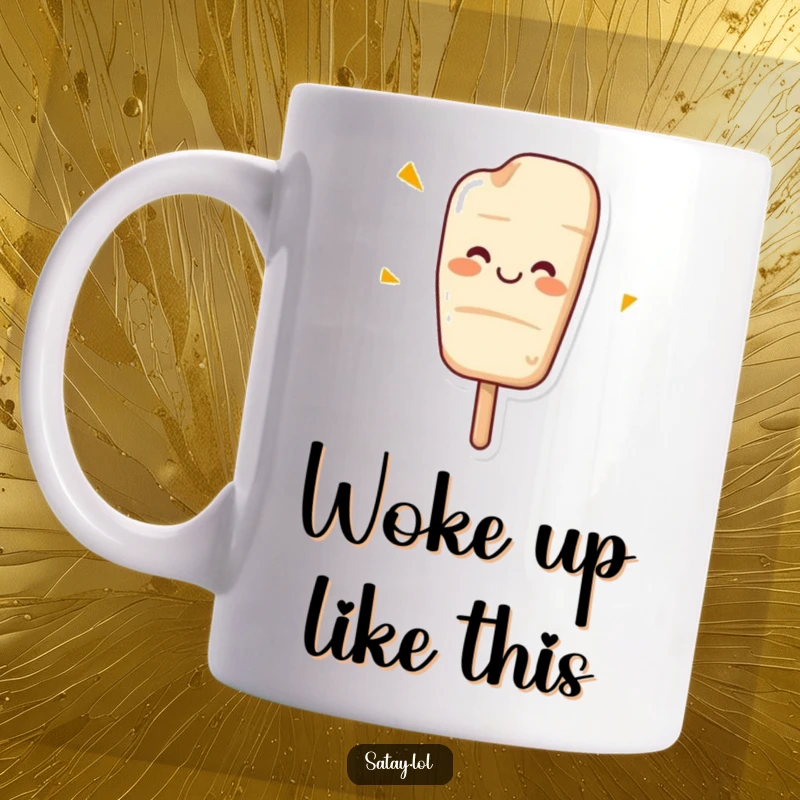 Funny coffee mug featuring a happy satay skewer with a big grin doing a cheerful wiggle.