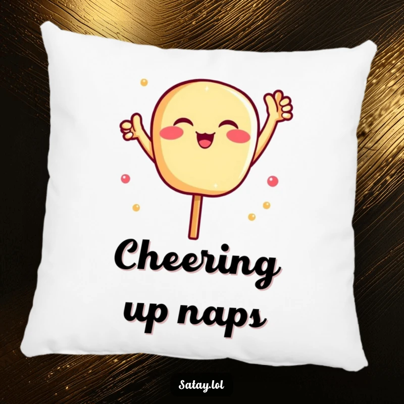 Funny Satay Pillow: A joyful satay skewer cheers enthusiastically, bringing comfort and smiles. Perfect for lounging. Funny gift.